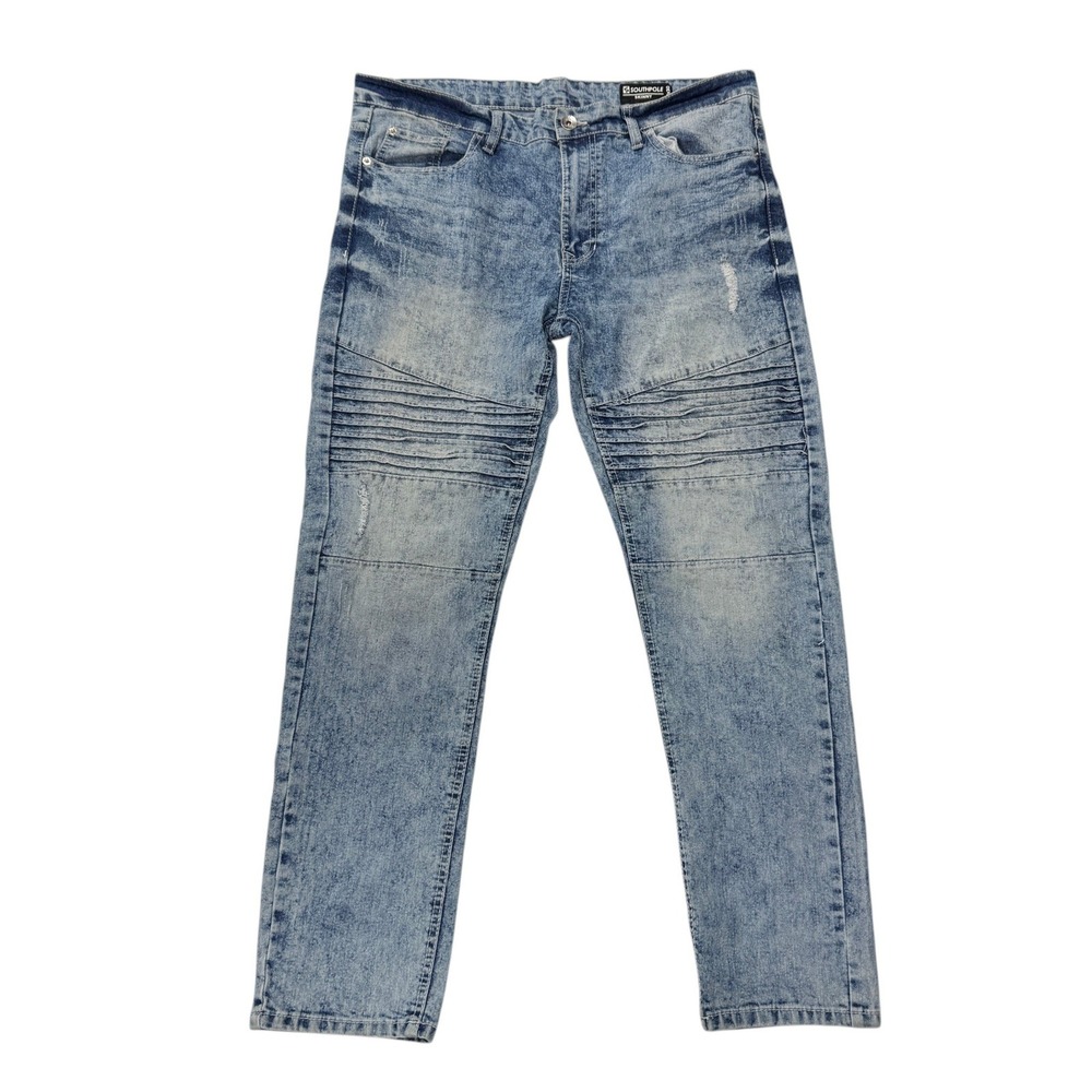 Southpole Mens Skinny Biker Jeans Light Acid Wash Moto Distressed 36 x 30 Moto